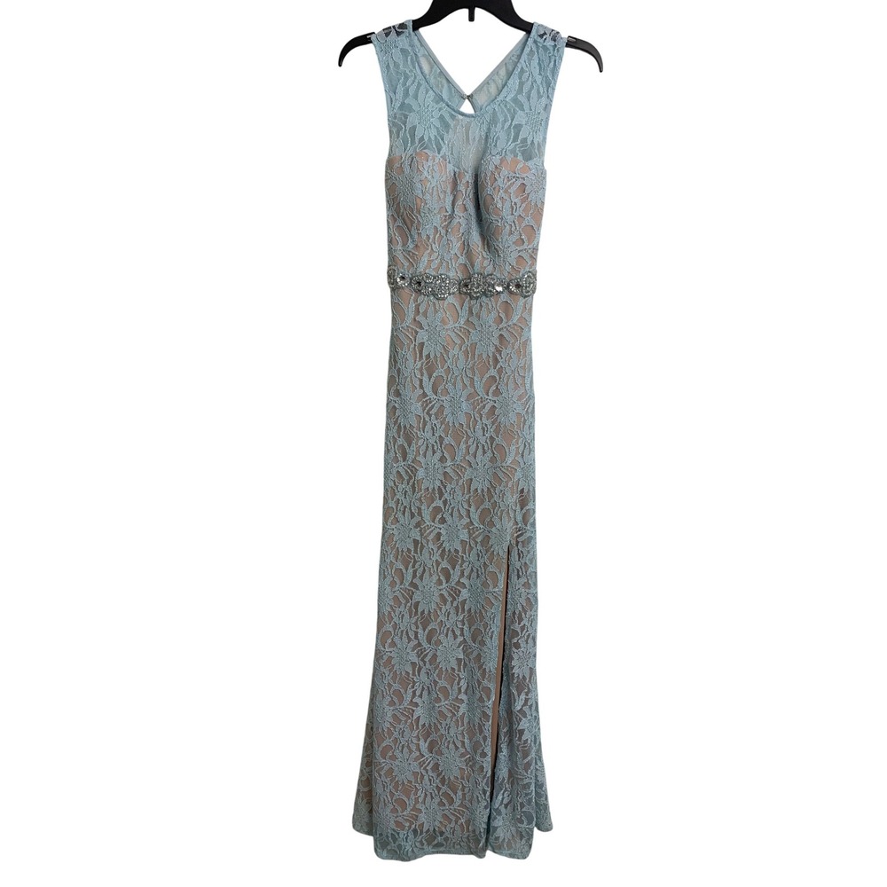 City Studio Light Blue Lace Rhinestone Waist Formalβ Gown Size 9 Open Back
